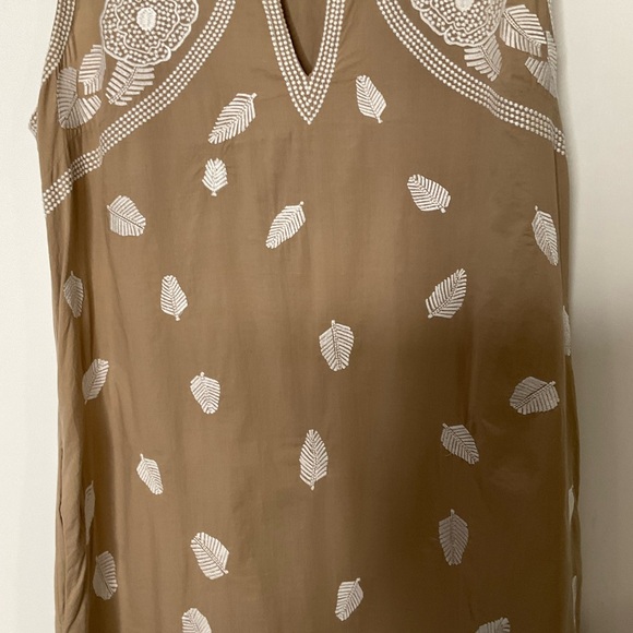 Gretchen Scott Designs Sleeveless Halter Neckline Tan White Leaf Pattern Dress M - Picture 5 of 16